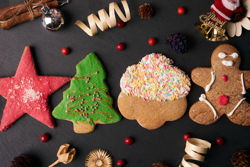 Winter Christmas background with gingerbread cookies