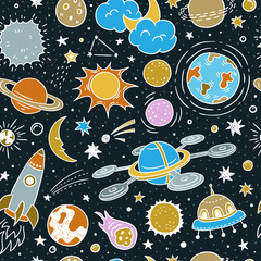 Space seamless vector pattern. Astronomy background with night stars, spaceships and planets