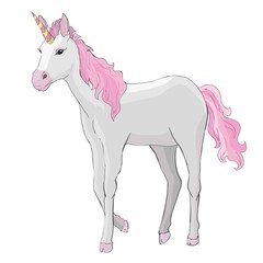 Unicorn vector icon isolated on white. Head portrait horse sticker, patch badge. Cute magic cartoon fantasy cute animal. Rainbow hair. Dream symbol. Design for children