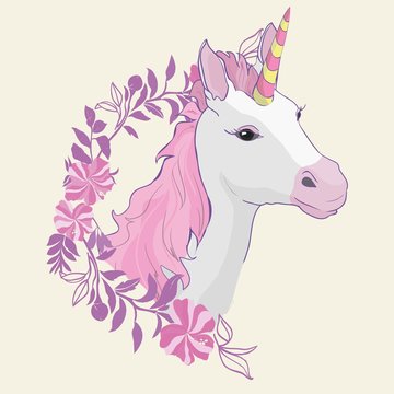 Unicorn vector icon isolated on white. Head portrait horse sticker, patch badge. Cute magic cartoon fantasy cute animal. Rainbow hair. Dream symbol. Design for children
