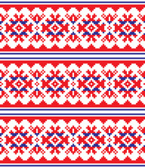Scandinavian, Nordic vector seamless pattern, Lapland long red and blue folk art design, Sami people traditional embroidery