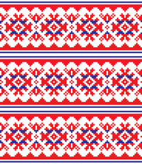 Scandinavian, Nordic vector seamless pattern, Lapland long red and blue folk art design, Sami people traditional embroidery