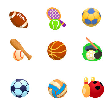 Cartoon icons of sports with balls / There are cartoon icons of balls for American football, tennis, volleyball, baseball, basketball, golf, football, handball, bowling
