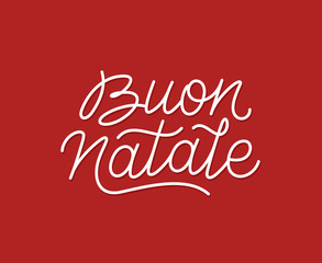 Buon Natale italian Merry Christmas calligraphic line art style lettering quote on red background. Gift card design with wishes for winter holiday. Vector modern typography