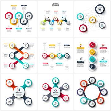 Vector infographic design template. Business concept with 4, 5, 6, 7 and 8 options, parts, steps or processes. Can be used for workflow layout, diagram, number options, web design. Data visualization.