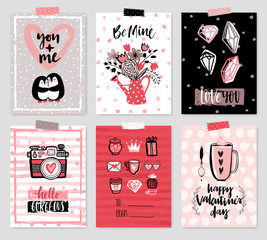 Valentine`s Day card set - hand drawn style with calligraphy.