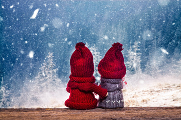 boy and girl christmas dolls in winter wonderland watching snowy fir trees in the mountains