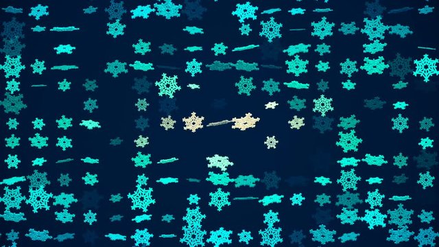 Rotating changing snowflakes on blue