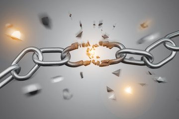 Weak link of a Broken chain exploding - 3d render