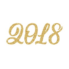 2018 new year hand brush lettering with golden glittering sequins texture text, festive writing typography design. Vector illustration.
