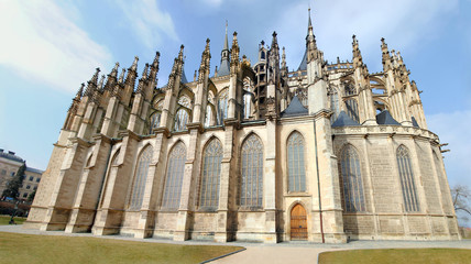 Panoramic view of Church of St. Barbara Monastary, Church of St. Barbara. Saint Barbara cathedral in Kutna Hora. UNESCO.
