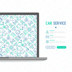 Car service concept with thin line icons of mechanic, computer diagnostics, tools, wheel, battery, transmission, jack. Modern vector illustration, web page template.