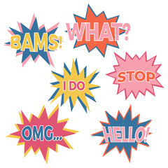 Set of six cartoon comic balloon speech bubbles in flat style. Elements of design comic books with different phrases. Vector illustration
