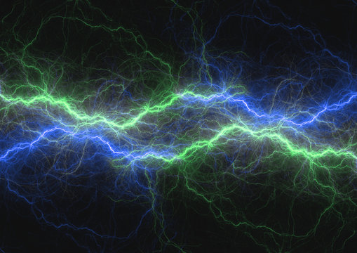 Blue and green lightning bolt, abstract plasma and power background