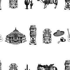 Seamless pattern of hand drawn sketch style set of Mexican themed landmarks and objects. Vector illustration isolated on white background.