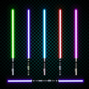 realistic light swords. crossed light sabers, flash and sparkles. Vector illustration isolated on transparent background