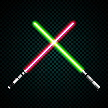realistic light swords. crossed light sabers, flash and sparkles. Vector illustration isolated on transparent background