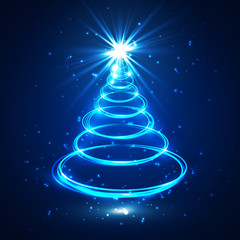 Blue glow xmas tree, neon elegant abstract christmas fir, vector illustration