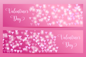 Valentine s day banners with defocused chaotic blurred hearts and lights.