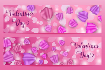 Valentine s day banners with flying petals and defocused chaotic blurred hearts with lights.