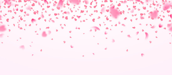 Heart shape confetti, flowers petals for Valentines day or Womens day, isolated on transparent background. Vector illustration, pink and red paper hearts, falling on white.