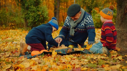Naklejka na ściany i meble Little boys are playing chess with his grandfather in the autumn park under the big tree