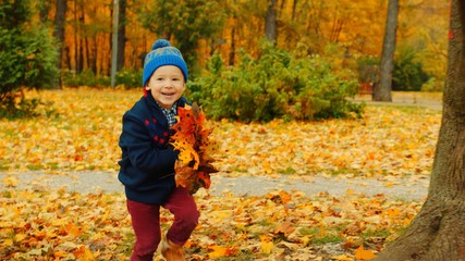 Little boy with leaves in his hands in the autumn park