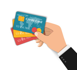 Hand holds three credit cards. Vector flat illustration