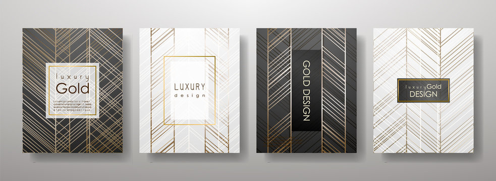 Gold Lines Template Set, Artistic Covers Design, Colorful Texture,realistic Fluid Backgrounds. Black, White Trendy Pattern, Graphic Poster, Geometric Brochure, Cards. Vector Illustration