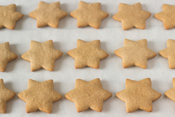 Gingerbread star cookie for Christmas on white background.