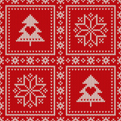 Winter Holiday Seamless Knitted Pattern with a Christmas Trees and Snowflakes. Wool Knitting Patchwork Style Sweater Design