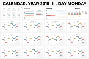 Fototapeta na wymiar Calendar infographic, table chart, presentation chart. Business period concept. Task manager. Day, week, month. 2019 year. Time management. Organizer date diary.