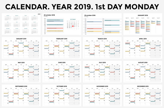 Calendar infographic, table chart, presentation chart. Business period concept. Task manager. Day, week, month. 2019 year. Time management. Organizer date diary.