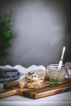 Homemade vegan pate of smoked tofu, mushrooms and nuts