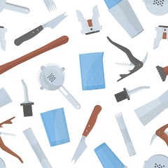 Seamless pattern with bartender s tools on white background. Backdrop with bar equipment for serving alcoholic or soft drink beverages, cocktails. Vector illustration for wallpaper, textile print.