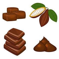 Set of colorful chocolate desserts and cacao beans with leaf.