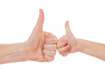Female and child hands thumbs up isolated on white.
