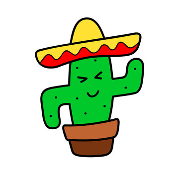 Cactus cartoon vector isolated sticker, patch, badge, pin, icon. Funny dansing cacti. Color Hat sombrero, mexico style, modern trendy cool design. Hand drown  illustration for card, textile, t-shirt.
