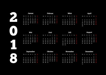 2018 year simple white calendar on german language on black