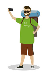 Young caucasian backpacker makes a selfie