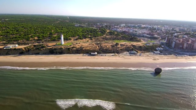 Playa de Matalascañas o Torre de la Higuera, poblacion costera de Almonte en la provincia de Huelva, al suroeste de Andalucía, en España. Video aereo con Drone