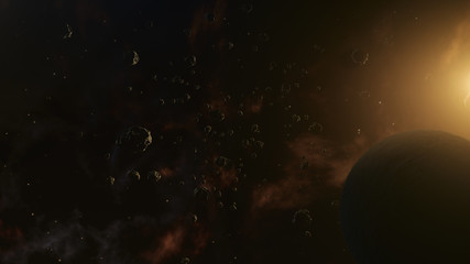 Planet surrounded by asteroids. Outer Space, Cosmic Art and Science Fiction Concept.