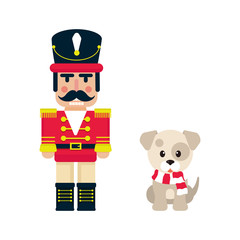 cartoon cute nutcracker with winter dog