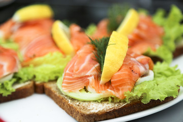 Homemade toasts with smoked salmon and avocado