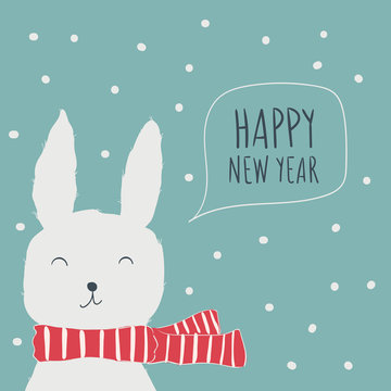 Rabbit. Postcard Happy New Year. Cute animals and snow. Character. Cartoon vector illustration