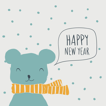 Bear. Postcard Happy New Year. Cute animals and snow. Character. Cartoon vector illustration