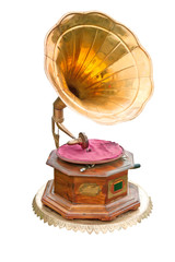 Gramophone with brass trumpet .