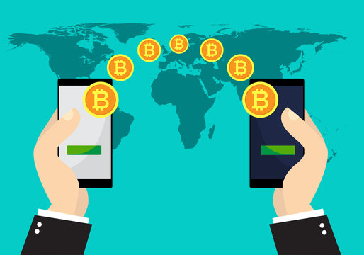 Bitcoin exchange and transfer. Hand holds smart phone with send bitcoins into mobile phone on worlds map background. Cryptocurrency technology concept illustration