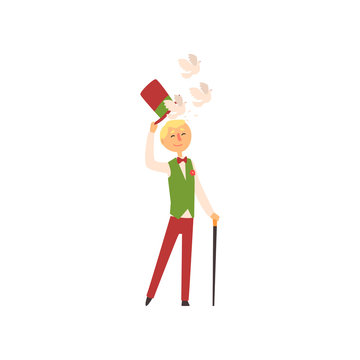 Young illusionist showing trick with doves flying from magic top hat. Magic focus. Cartoon man with stick, dressed in pants, vest, shirt and butterfly. Flat vector design.