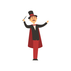 Cheerful magician holding magic wand. Cartoon male character in elegant tuxedo with red cape and cylinder hat. Circus performance. Flat vector design